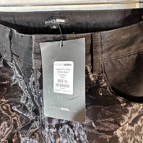 Fashion Nova Extra Large XL Mini Skirt NWT Black Jeans Lace Layers to the Denim - Picture 3 of 5